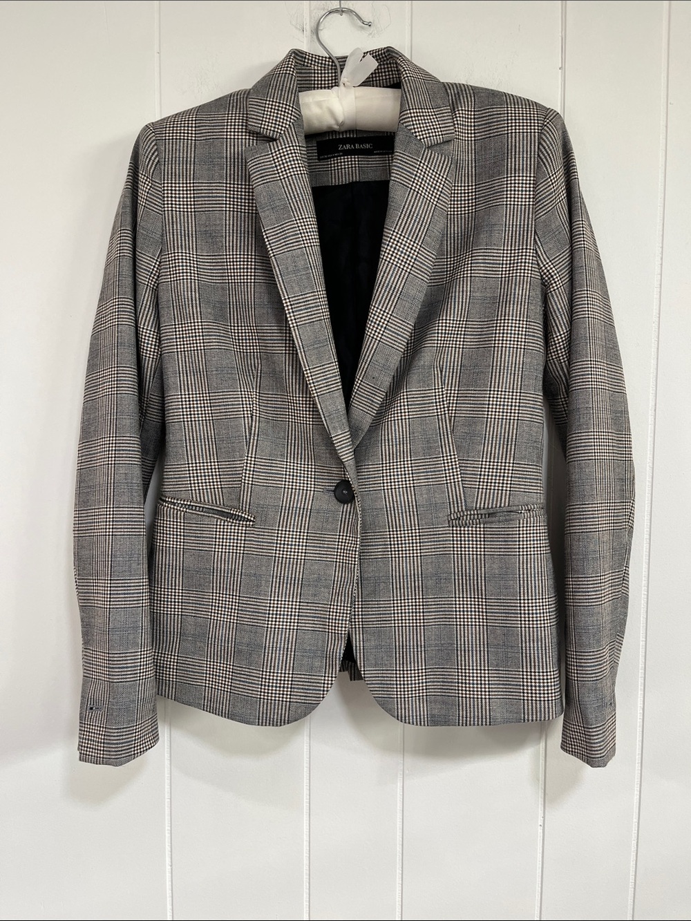 Zara‎ Plaid Single-Button Blazer - Gray, Black academia office sz4